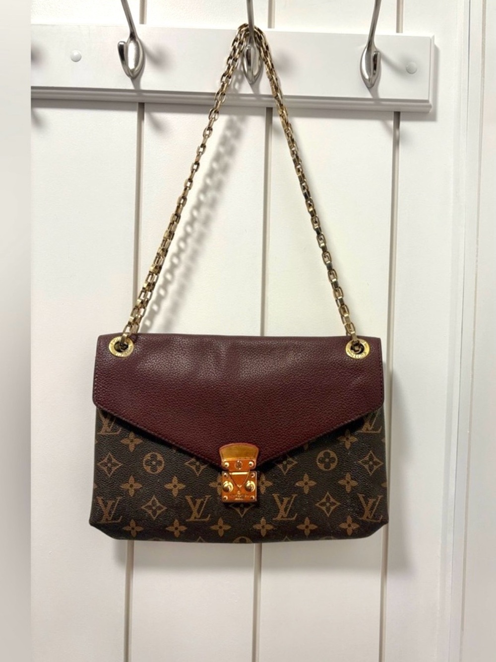 Louis Vuitton Monogram Shoulder Bag with Burgundy Flap and Gold Hardware